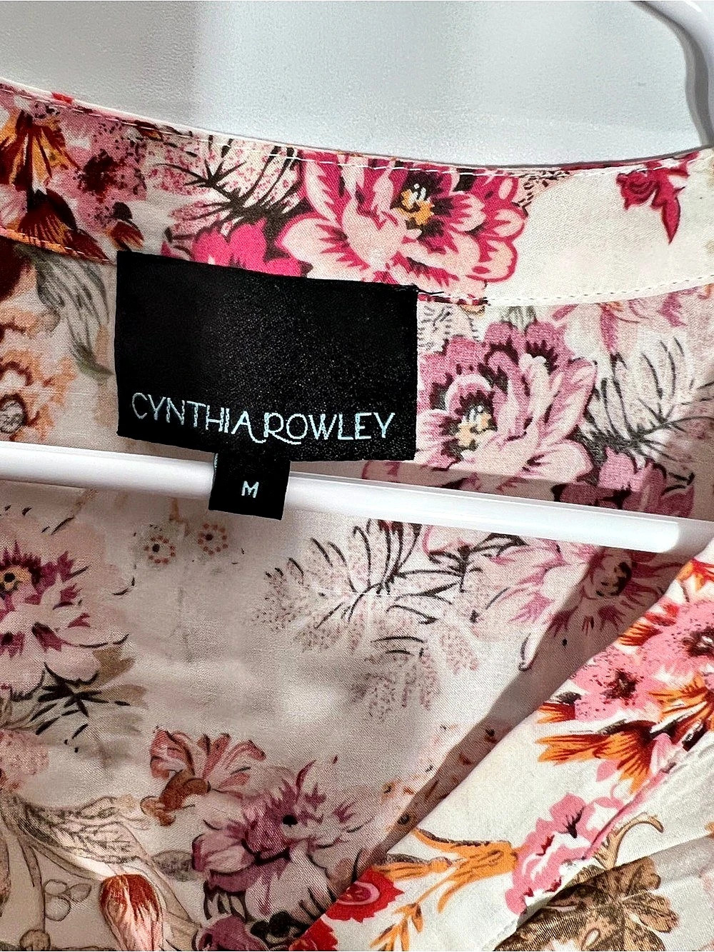 Cynthia Rowley Floral Blouse Size M Cream Pink Boho V-Neck 3/4 Sleeve - Picture 7 of 8